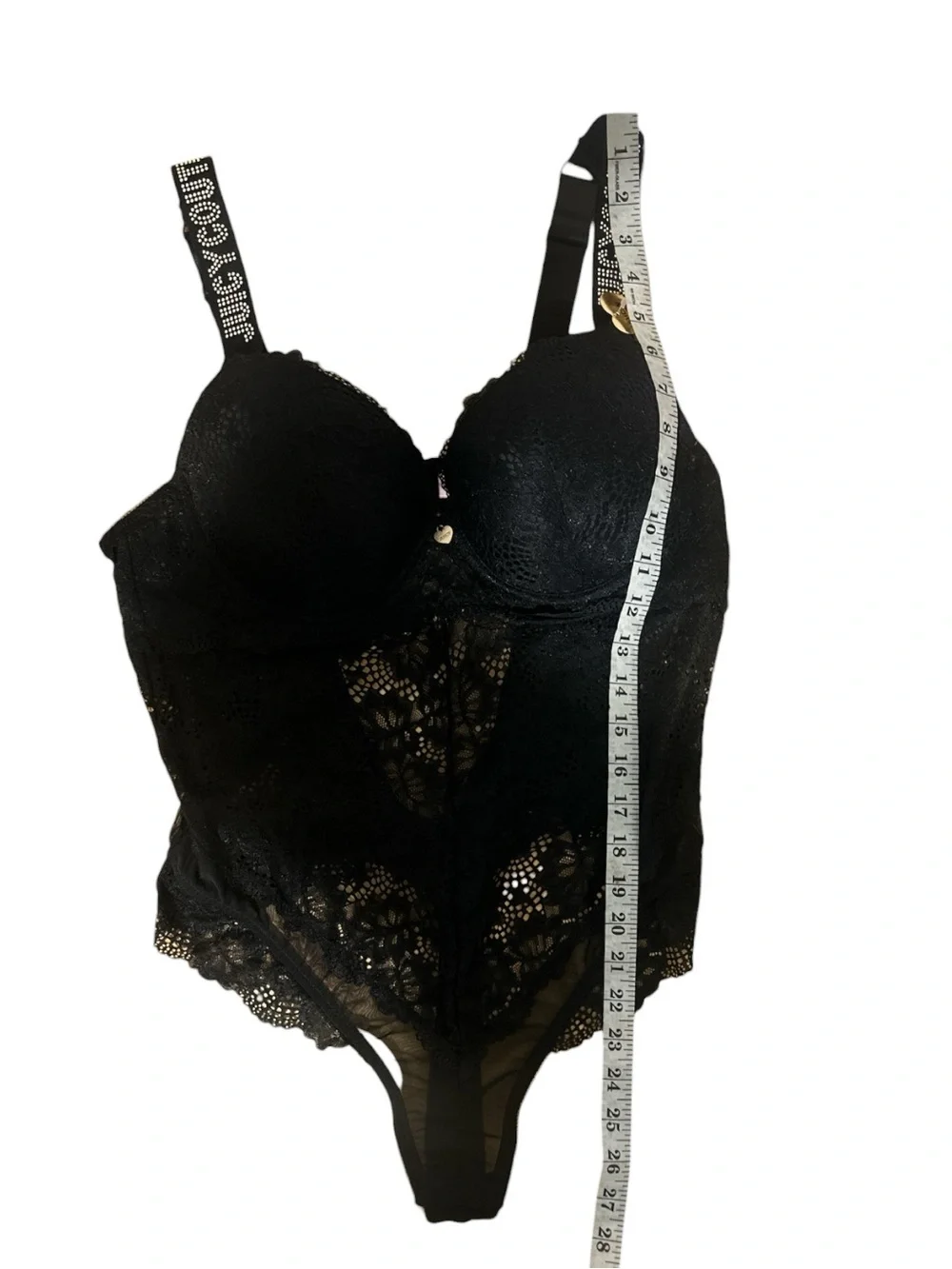 Juicy Couture NWT Black Lace Underwire Bodysuit XL Rhinestone Logo Strap